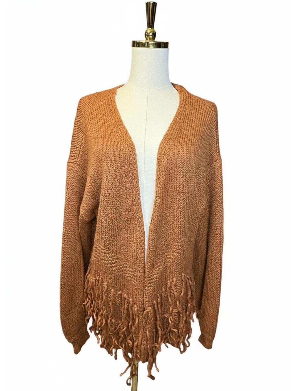 Loveriche Terracotta Rust Orange Knit Open Front Cardigan Fringe Detail